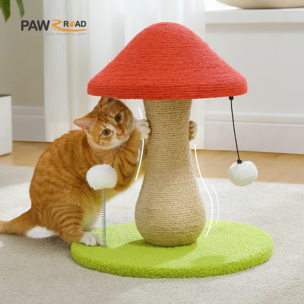 Mushroom Cat Scratching Post with Sisal Rope and Pompom Toy