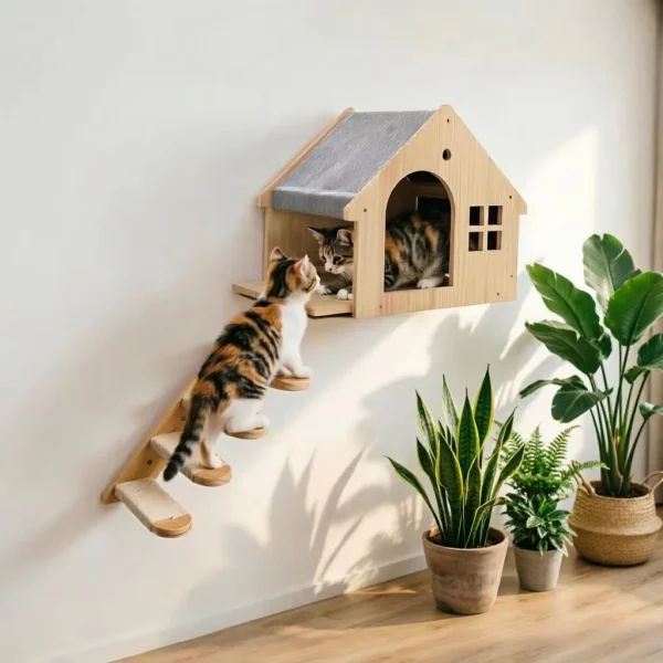 Wall-Mounted Wooden Cat Condo Floating Shelf House