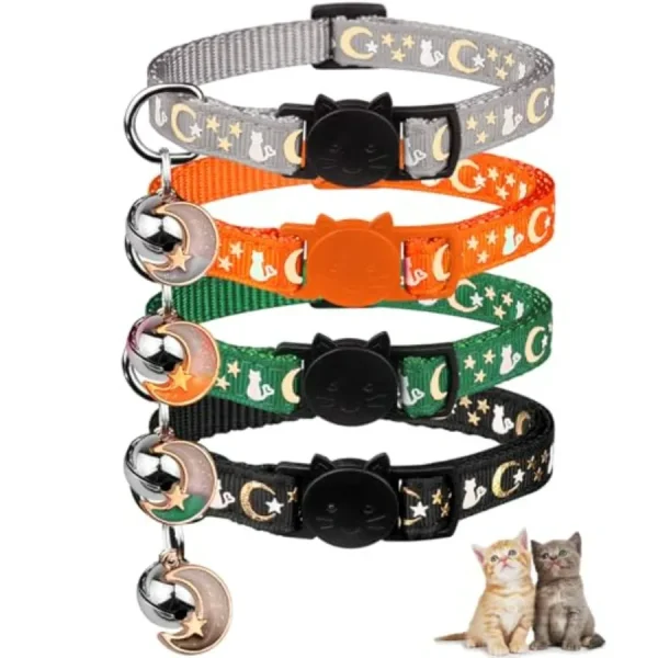4-Pack Breakaway Cat Collars with Bells and Moon Star Pendants