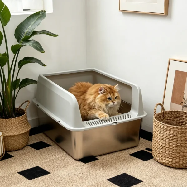 High-Sided Stainless Steel Semi-Open Cat Litter Box